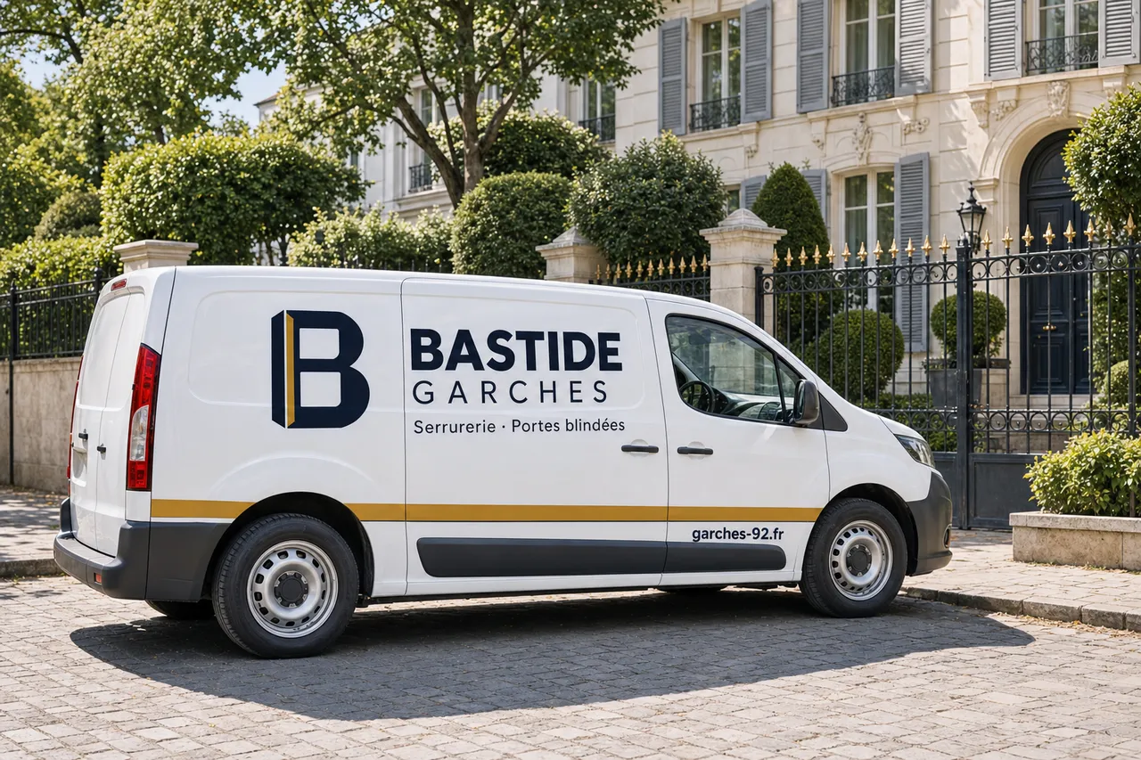 Camionnette blanche Bastide Garches, serrurerie et portes blindées, devant le portail en fer forgé d'une villa à Garches